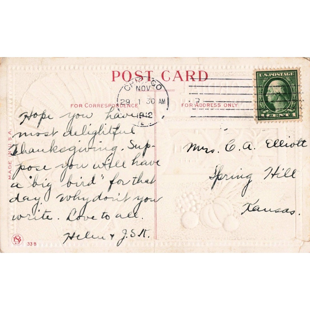 Vintage 1912 Cordial Thanksgiving Postcard Embossed Turkey Chicago Postmark VG- - Picture 2 of 2